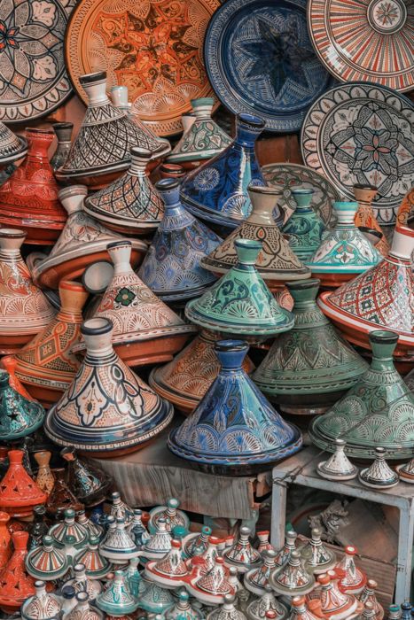 Painted tagines in a Moroccan souk